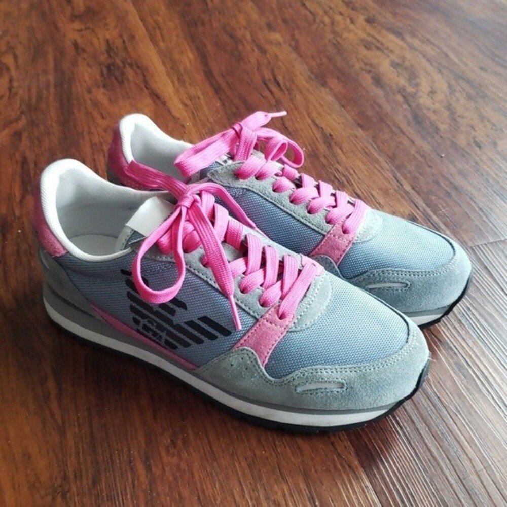 Giorgio Armani Gray Pink Platform Sneakers Chic Feminine Suede Canvas Size 6